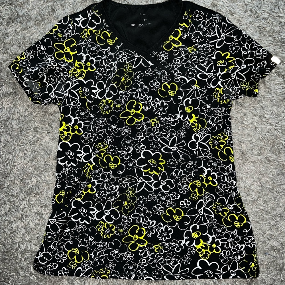 Black Floral Scrub Top